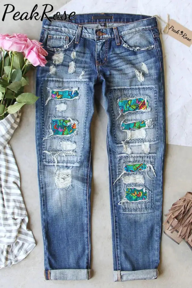 Butterflies Blue Ripped Denim Jeans