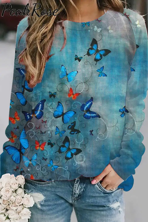 Butterflies Blue Round Neck Long Sleeve Sweatshirt