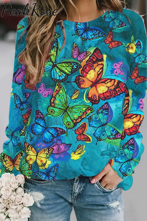 Butterflies Blue Round Neck Long Sleeve Sweatshirt S / Photo Color