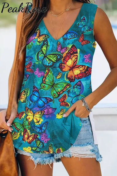 Butterflies Blue Sleeveless V-Neck Tank S / Photo Color Top