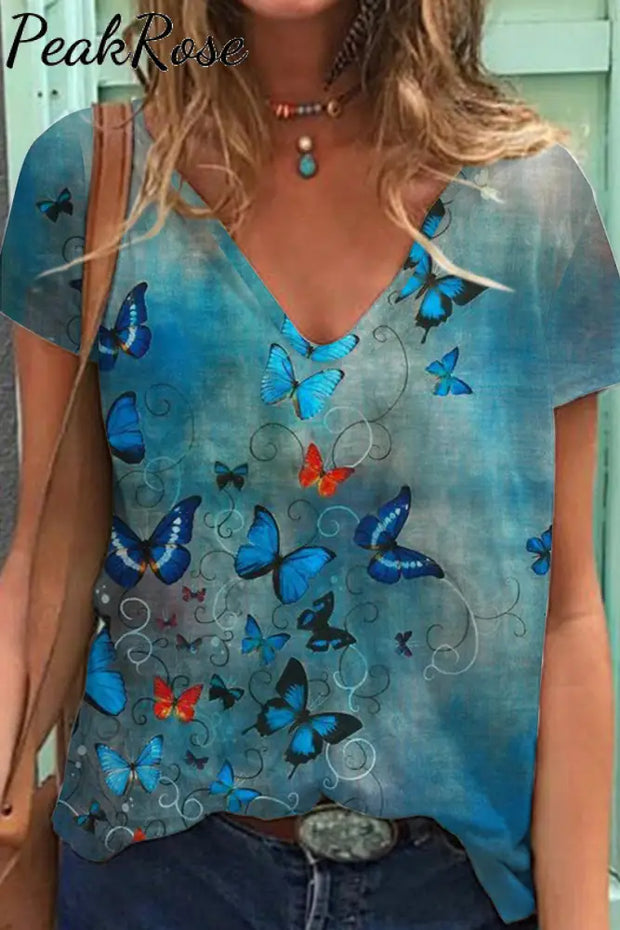 Butterflies Blue V-Neck Short Sleeve T-Shirt