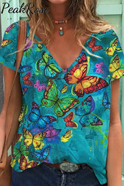 Butterflies Blue V-Neck Short Sleeve T-Shirt