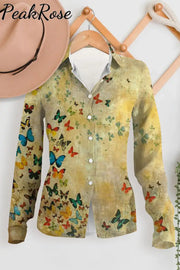 Butterflies Matcha Color Long Sleeve Shirt Women