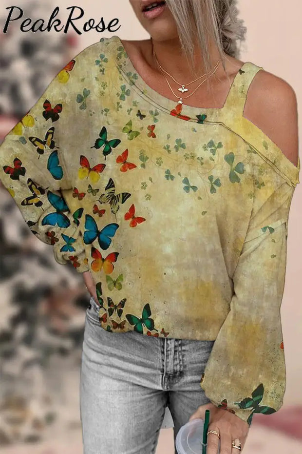 Butterflies Matcha Color Off-Shoulder Blouse