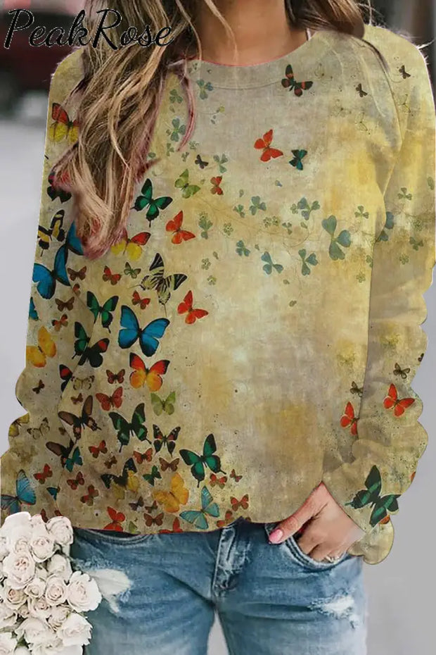 Butterflies Matcha Color Round Neck Long Sleeve Sweatshirt