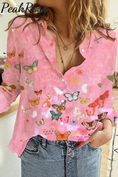 Butterflies Pink Long Sleeve Shirt S / Photo Color Women