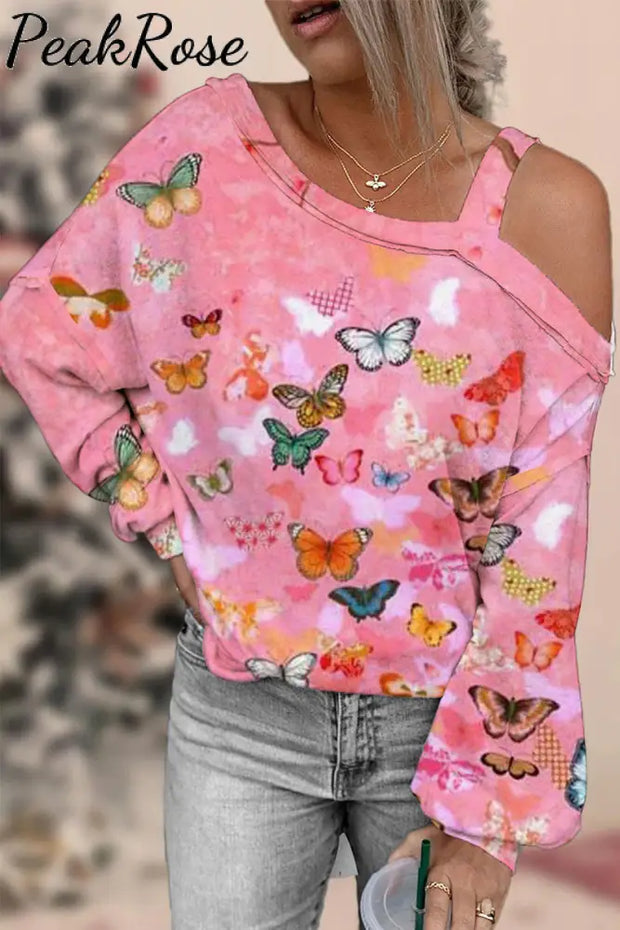 Butterflies Pink Off-Shoulder Blouse