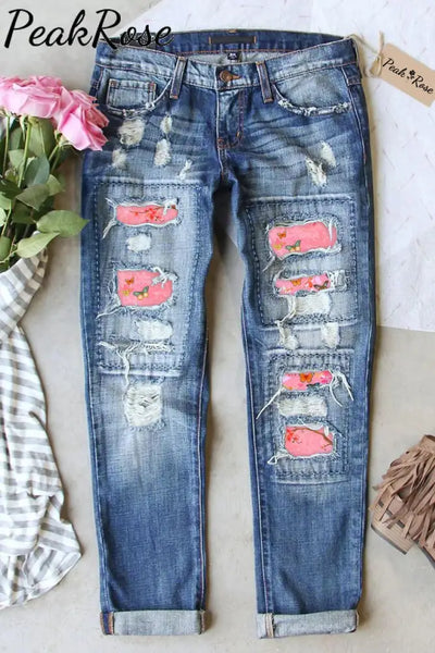 Butterflies Pink Ripped Denim Jeans