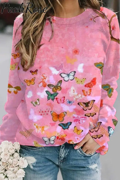 Butterflies Pink Round Neck Long Sleeve Sweatshirt S / Photo Color