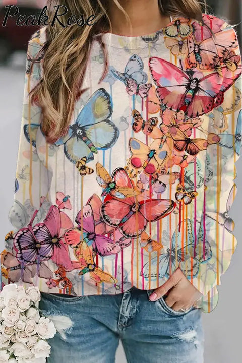 Butterflies Pink Round Neck Long Sleeve Sweatshirt S / Photo Color