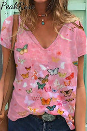 Butterflies Pink V-Neck Short Sleeve T-Shirt