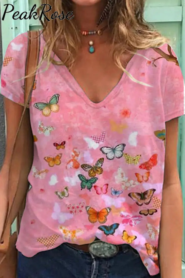 Butterflies Pink V-Neck Short Sleeve T-Shirt S / Photo Color