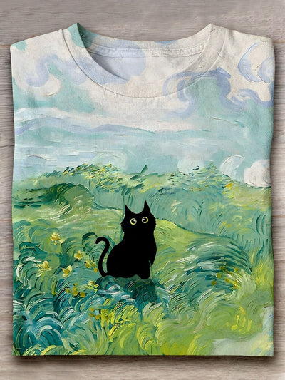 Cat In Green Wheat Fields Art Print Casual Short Sleeve T-Shirt