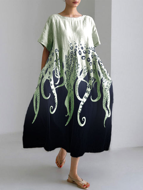 Ocean Octopus Japanese Art Linen Blend Casual Dress