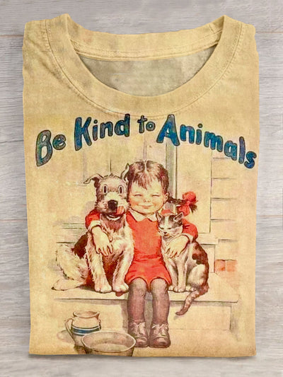 Vintage Be Kind To Animal Art Print Casaul Short Sleeve T-shirt