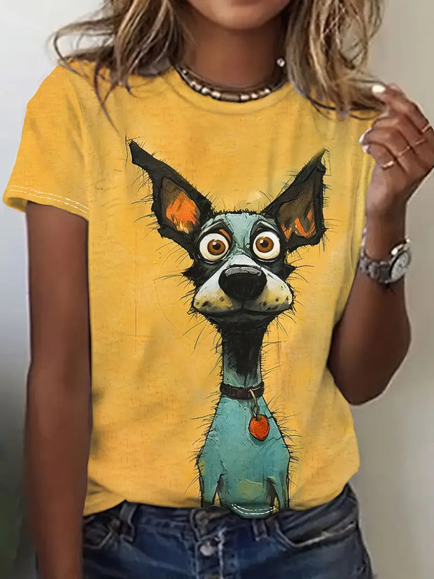 Women's Creative Oil Painting dog yellow T-shirt