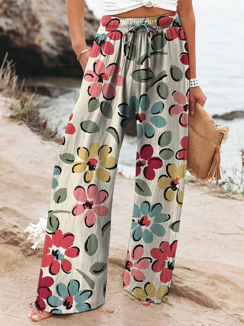 Women's Multicolor Retro Floral Printed Cotton And Linen Casual Pants