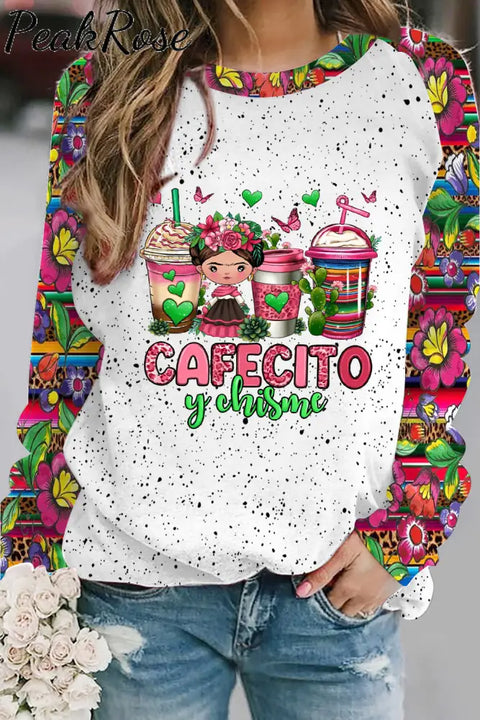 Cafecito Y Chisme Coffee Cups Mexican Day Print Sweatshirt S / White