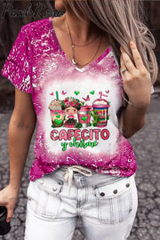 Cafecito Y Chisme Coffee Cups Mexican Day Printed V Neck T-Shirt Violets / S T-Shirt