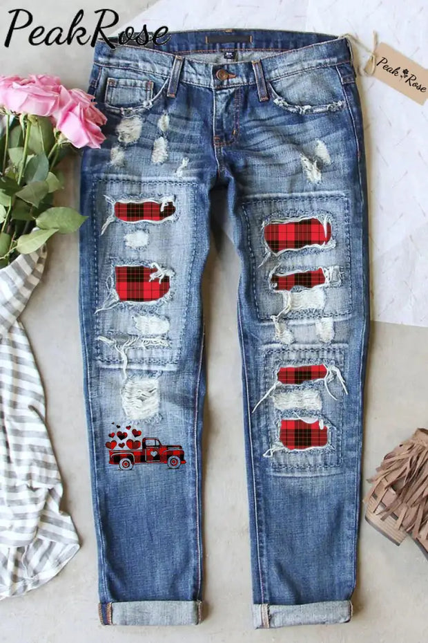 Car Plaid Ripped Denim Jeans