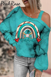 Casual Baseball Rainbow Marble Printed Off Shoulder Blouse