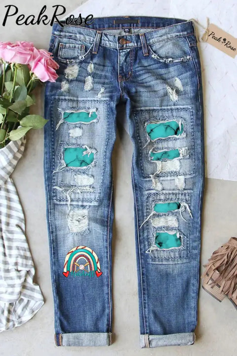 Casual Baseball Rainbow Marble Printed Ripped Denim Jeans