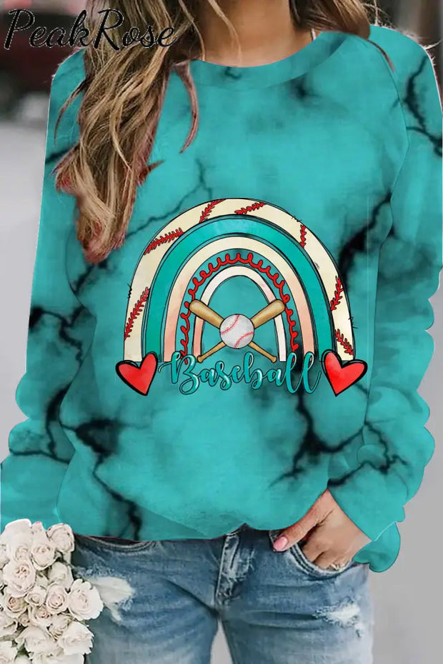 Casual Baseball Rainbow Marble Printed Sweatshirt