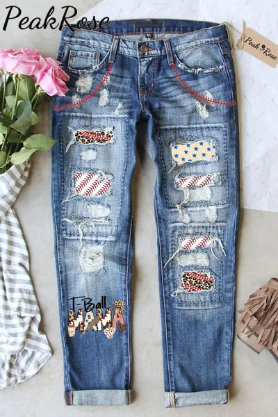 Casual Baseball T-Ball Mama Leopard Printed Ripped Denim Jeans S