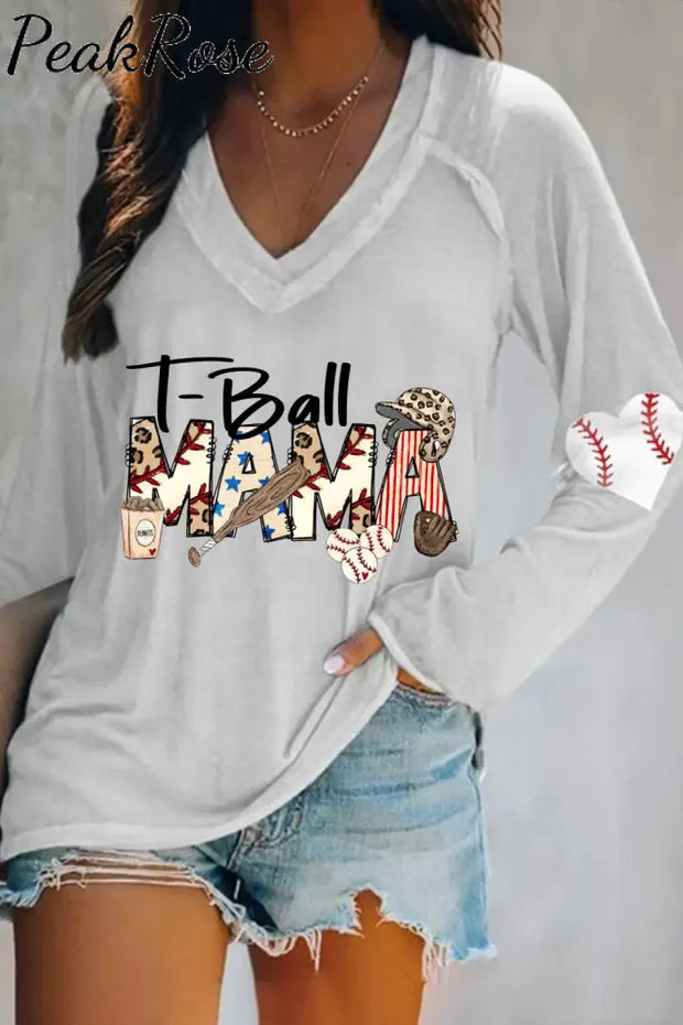 Casual Baseball T-Ball Mama Leopard Printed V-Neck Long Sleeve Tee