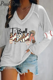 Casual Baseball T-Ball Mama Leopard Printed V-Neck Long Sleeve Tee S / White