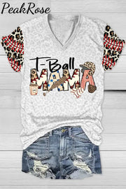 Casual Baseball T-Ball Mama Leopard Printed V Neck T-Shirt T-Shirt