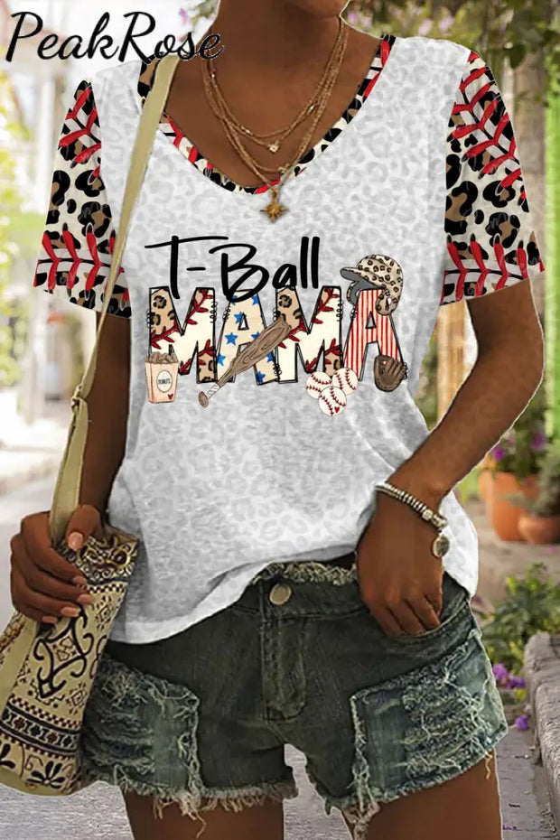 Casual Baseball T-Ball Mama Leopard Printed V Neck T-Shirt S / T-Shirt