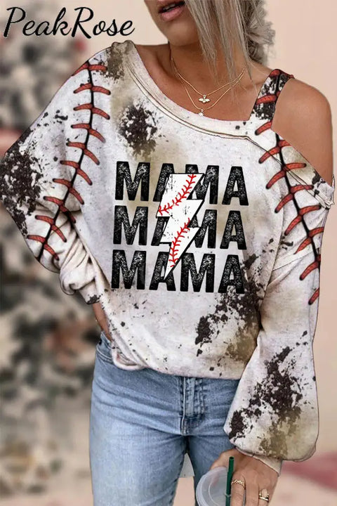 Casual Baseball T-Ball Mama Lightning Bolt Printed Off-Shoulder Blouse