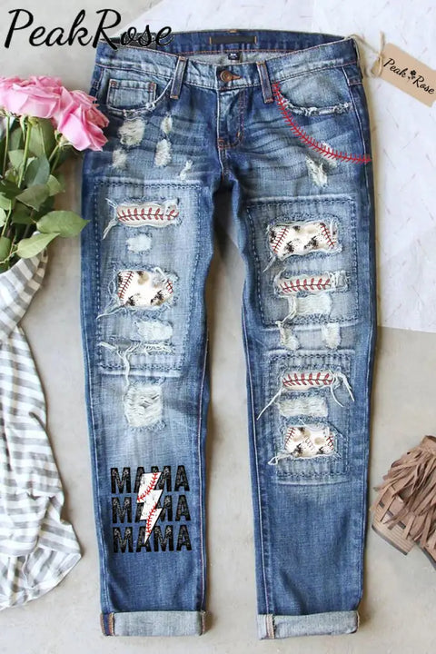 Casual Baseball T-Ball Mama Lightning Bolt Printed Ripped Denim Jeans S