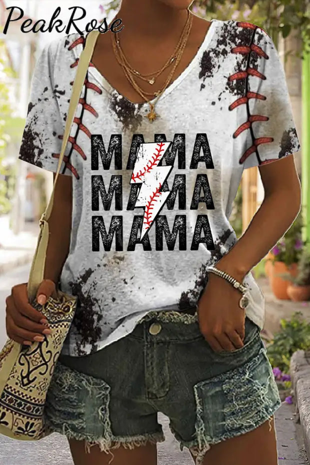 Casual Baseball T-Ball Mama Lightning Bolt Printed V Neck T-Shirt T-Shirt