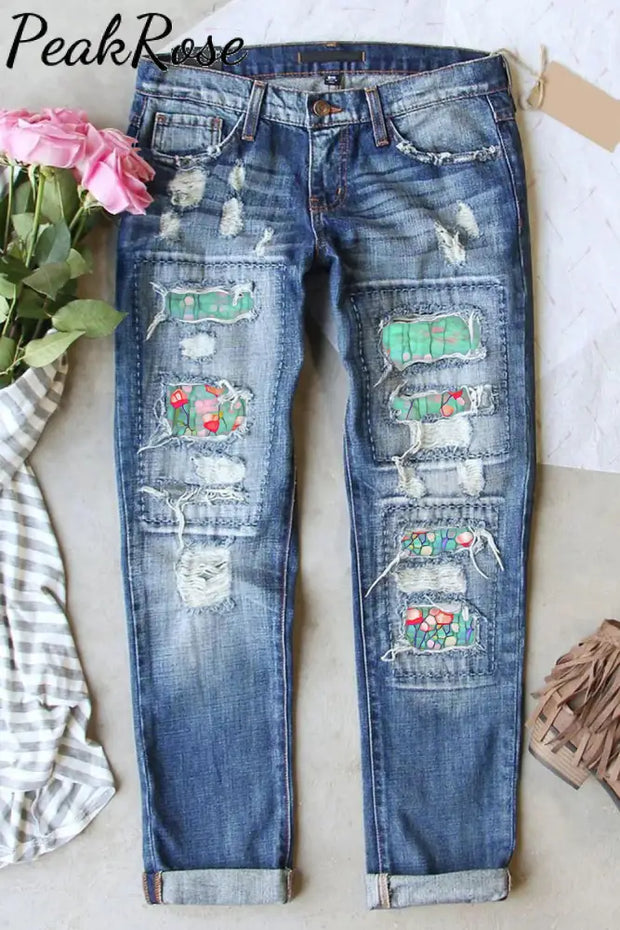 Casual Beautiful Floral Abstract Paintings Ripped Denim Jeans S