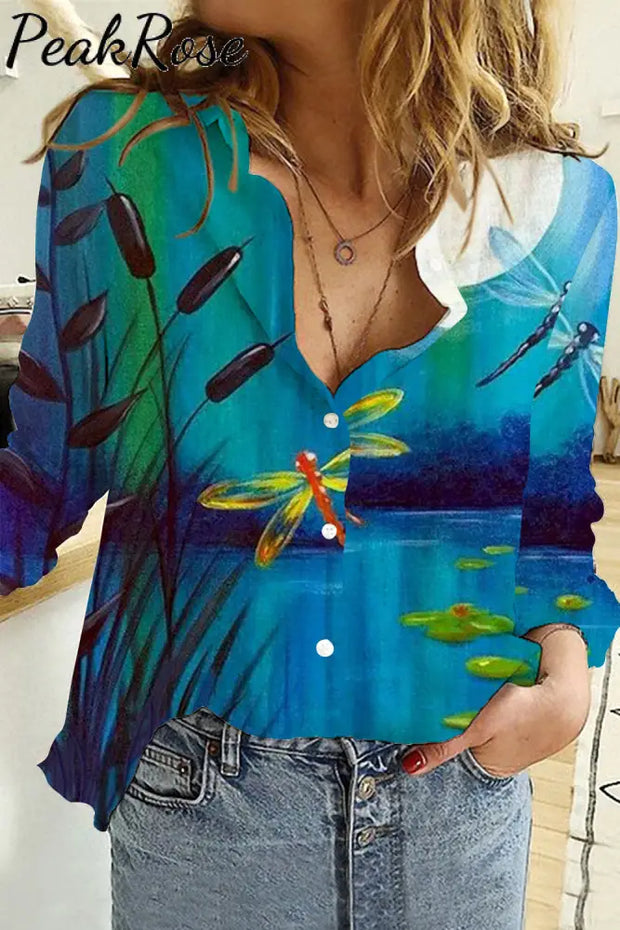 Casual Dragonflies Plants Blue Paintings Long Sleeve Shirt S / Women