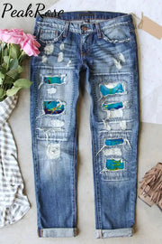 Casual Dragonflies Plants Blue Paintings Ripped Denim Jeans S