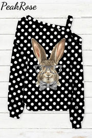 Casual Easter Bunny Rabbit With Black And White Plaid Print Off-Shoulder Blouse