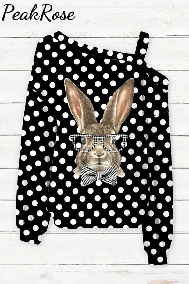 Casual Easter Bunny Rabbit With Black And White Plaid Print Off-Shoulder Blouse