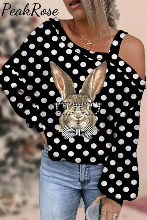 Casual Easter Bunny Rabbit With Black And White Plaid Print Off-Shoulder Blouse Polka / S