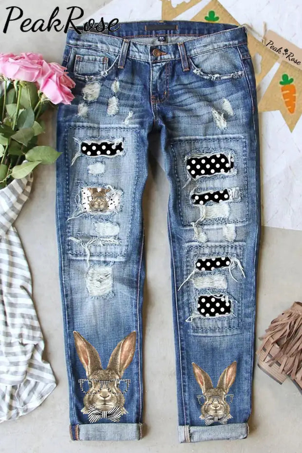 Casual Easter Bunny Rabbit With Black And White Plaid Print Ripped Denim Jeans S