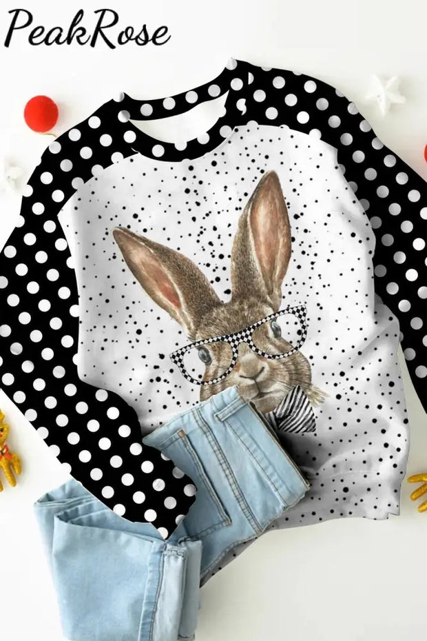 Casual Easter Bunny Rabbit With Black And White Plaid Print Sweatshirt