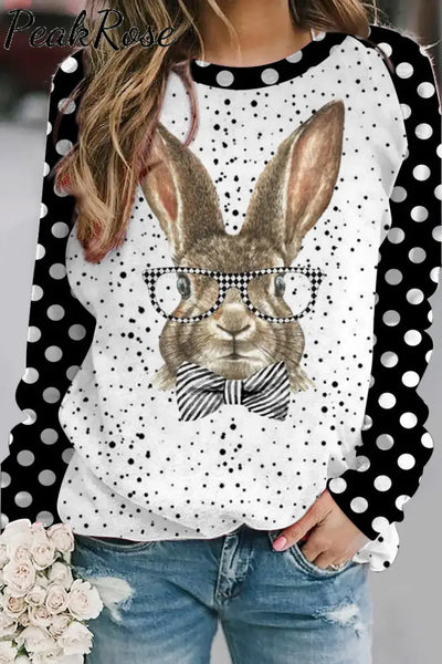 Casual Easter Bunny Rabbit With Black And White Plaid Print Sweatshirt S / Polka