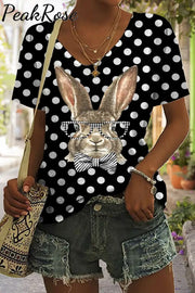 Casual Easter Bunny Rabbit With Black And White Plaid Print V Neck Short Sleeve T-Shirt