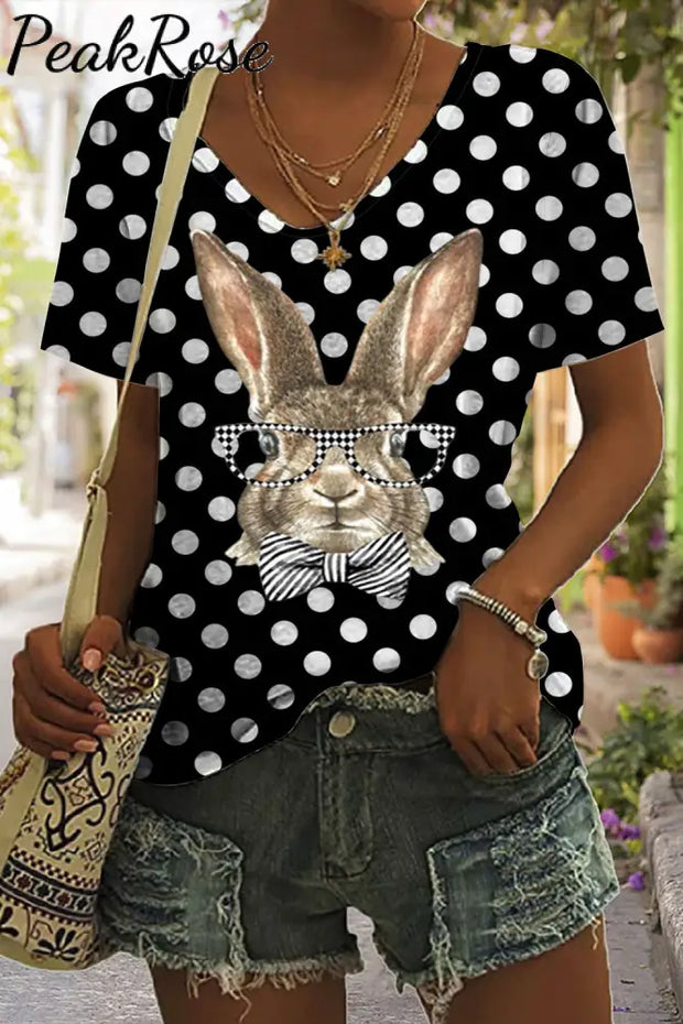 Casual Easter Bunny Rabbit With Black And White Plaid Print V Neck Short Sleeve T-Shirt