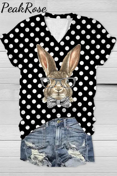 Casual Easter Bunny Rabbit With Black And White Plaid Print V Neck Short Sleeve T-Shirt