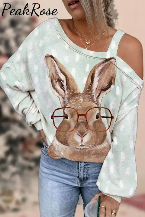 Casual Easter Bunny Rabbit With Red Glasses Print Off-Shoulder Blouse