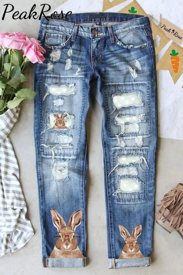 Casual Easter Bunny Rabbit With Red Glasses Print Ripped Denim Jeans S