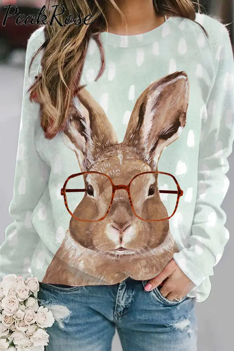 Casual Easter Bunny Rabbit With Red Glasses Print Sweatshirt S / Green